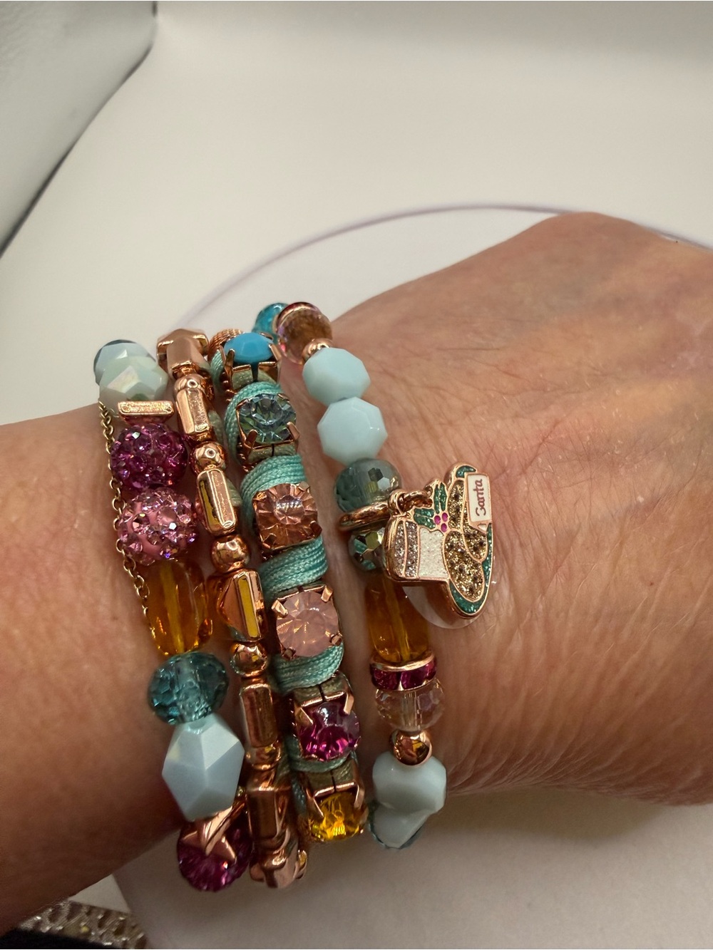 Bomb Party Stretch Multi-Strand Turquoise & Pink Beaded Bracelet with Charm.
